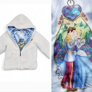 Disney Store CINDERELLA White Faux Fur Hooded Coat Graphic Lining Jewel Crown